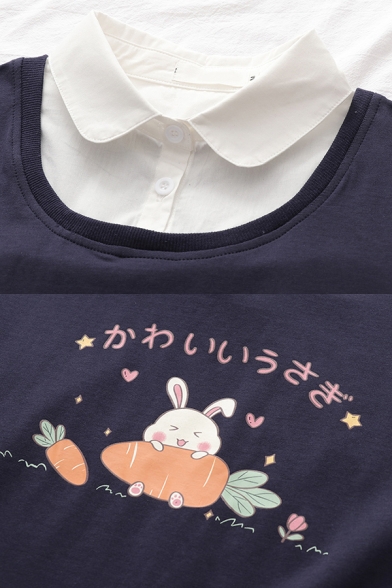 Japanese Letter Rabbit Graphic Long Sleeve Patched Polo Collar Loose Pullover Pretty Sweatshirt for Girls
