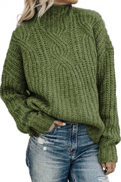 Ladies Trendy Solid Color Long Sleeve High Collar Chunky Knitted Relaxed Pullover Sweater