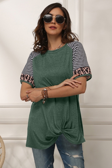Lounge Stripe Leopard Print Trim Twist Front Short Sleeve Round Neck T-Shirt for Women