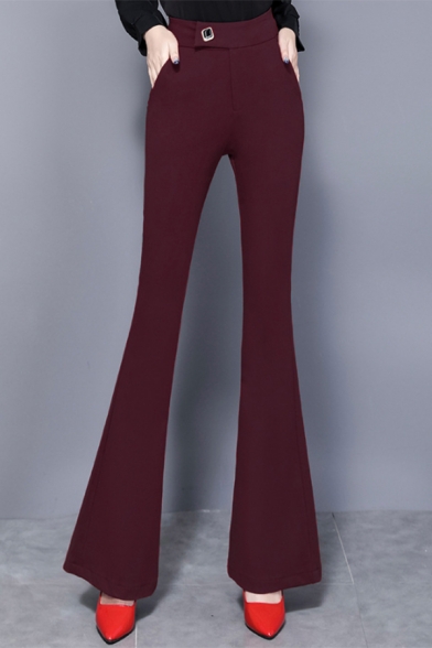 Maroon Trendy Mid Rise Corduroy Full Length Slim Fit Flared Pants for Ladies