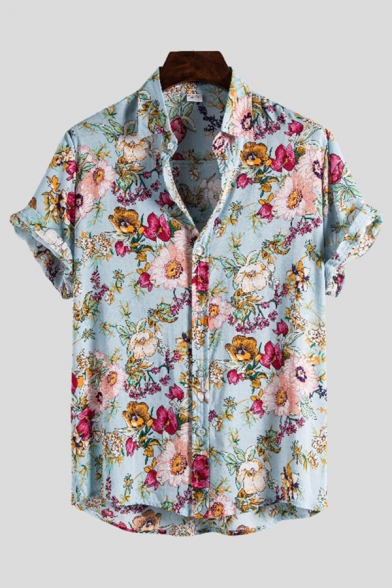 Mens Fancy Shirt Mixed Flowers Leaf Print Spread Collar Short Sleeve Fitted Shirt
