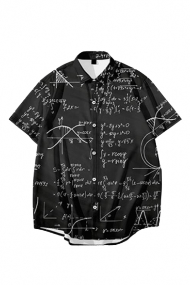 Mens New Trendy Cool Mathematical Formula Pattern Basic Short Sleeve Button Up Beach Shirt