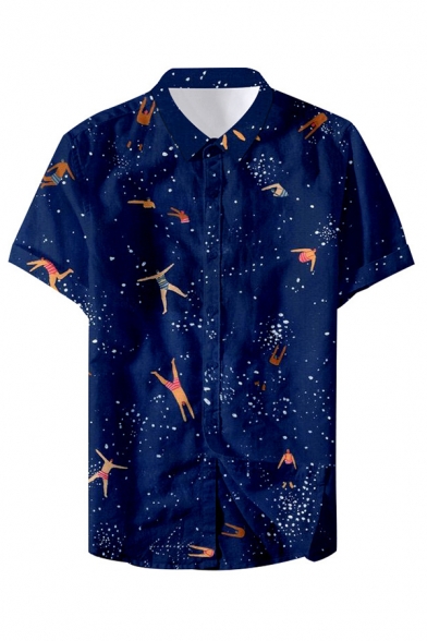 Mens Shirt Unique Fish Crab Seaweed Star Wave Figure Pattern Button up Point Collar Short Sleeve Regular Fit Shirt