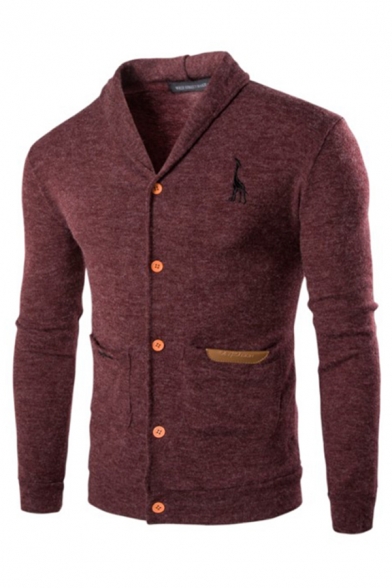 Mens Simple Letter Animal Embroidery Turn-Down Collar Button Down Casual Fitted Cardigan