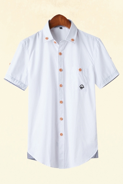 Mens Simple Shirt Striped Mushroom Embroidered Curved Hem Spread Collar Short Sleeve Fitted Shirt