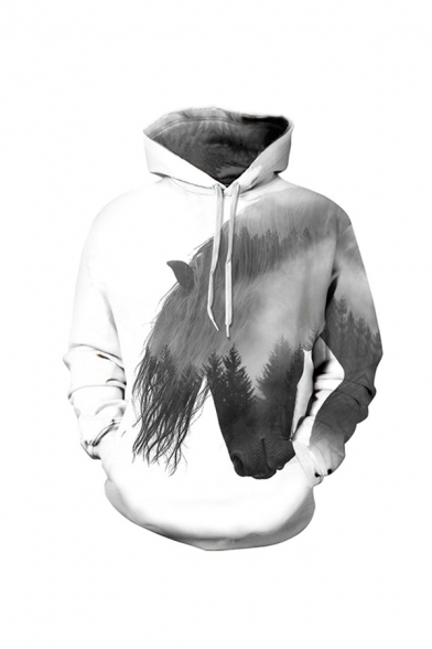 Mens Trendy 3D Hooded Sweatshirt Animal Horse Woods Ink Wash Pattern Drawstring Fitted Long-sleeved Hoodie with Pocket
