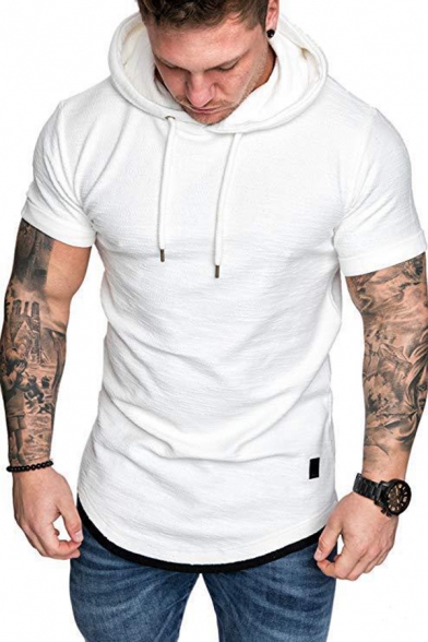 Mens Trendy Patchwork Fake Two Pieces Short Sleeve Hooded Slim Fitted T-Shirt
