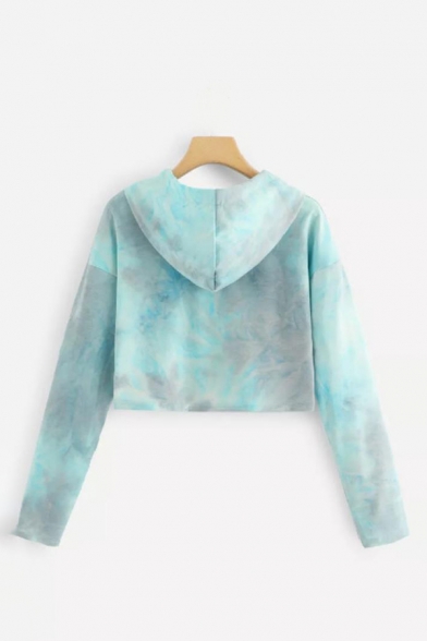 New Trendy Womens Green Hollow Out Long Sleeve Tie Dye Cropped Hoodie