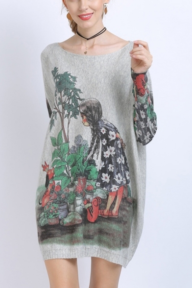 Pop Womens Cartoon Girl Plant Printed Boat Neck Batwing Long Sleeve Loose Tunic Pullover Knitwear Top
