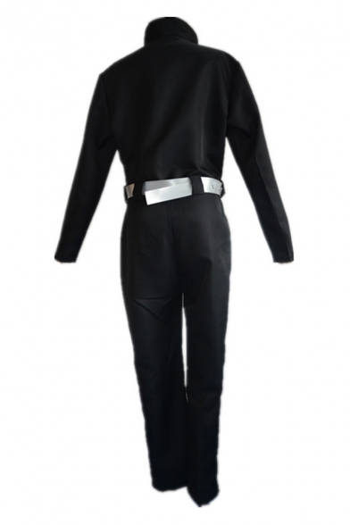 Popular Guys Long Sleeve Stand Collar Zip Up Belted Long Straight Black Jumpsuit with Scarf