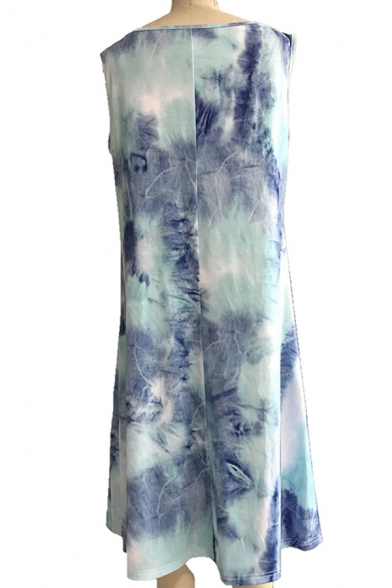 Popular Tie Dye Printed Sleeveless Crew Neck Short A-line Tank Dress