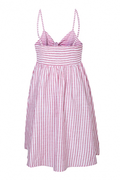 Pretty Girls Stripe Printed Sweetheart Neck Tied Front Short Pleated Flared Slip Dress