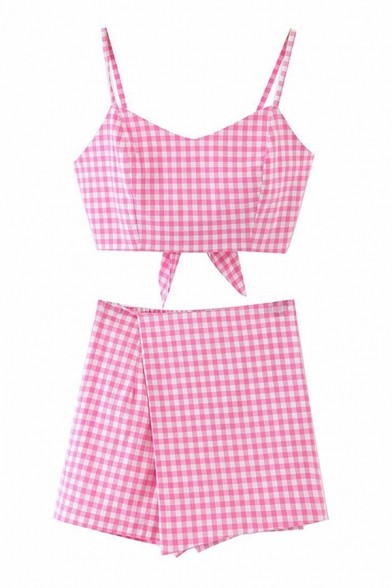 Pretty Ladies Checkered Print Spaghetti Straps V-neck Tied Back Fit Crop Cami & Mini Wrap Skirt Set in Pink