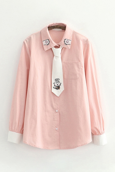 Pretty Womens Cat Paw Embroidered Long Sleeve Point Collar Button Up Chest Pocket Relaxed Shirt with Tie