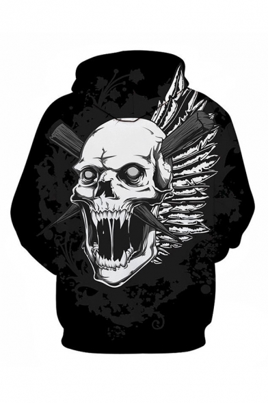 Retro Mens 3D Hoodie Skull Wood Wing Pattern Drawstring Regular Fitted Long Sleeve Hoodie