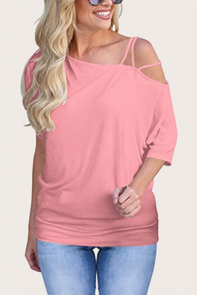 Simple Girls Solid Color Short Sleeve Asymmetric Hollow out Cold Shoulder Loose Tee