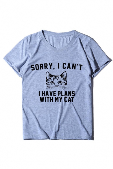 SORRY I CAN'T Letter Cat Printed Round Neck Short Sleeve Tee
