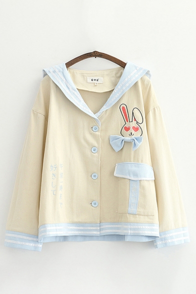 Stylish Rabbit Embroidered Contrasted Flap Pocket Bow Patched Long Sleeve Hooded Button-up Loose Jacket for Ladies