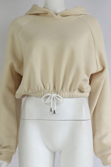 Stylish Solid Color Long Sleeve Drawstring Hem Loose Crop Hoodie for Women
