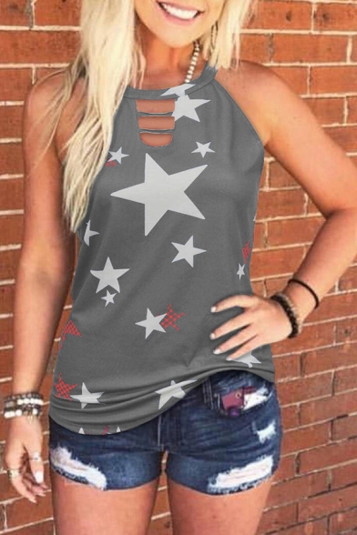 Summer Allover Star Printed Hollow out Sleeveless Crew Neck Regular Fit Tank Top for Womenv
