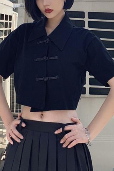 Summer New Stylish Retro Chinese Style Frog Button Front Stand Collar Short Sleeve Black Crop Top
