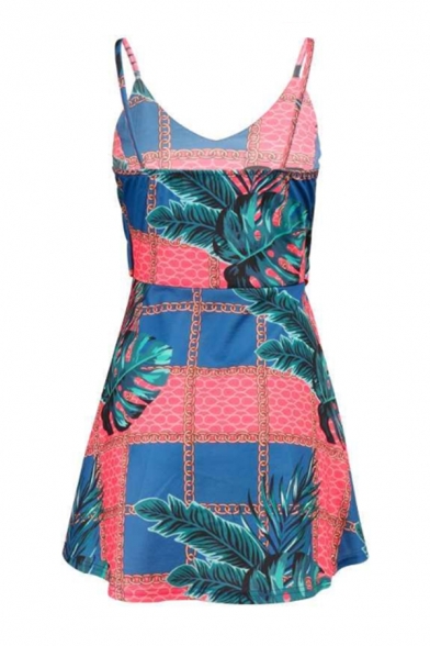Summer's Tropical Leaves Printed Sleeveless Stripes Bow Tie Waist Mini Bodycon Tube Dress
