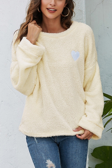 Trendy Heart Embroidered Crew Neck Long Sleeve Plush Relaxed Fit Pullover Sweatshirt