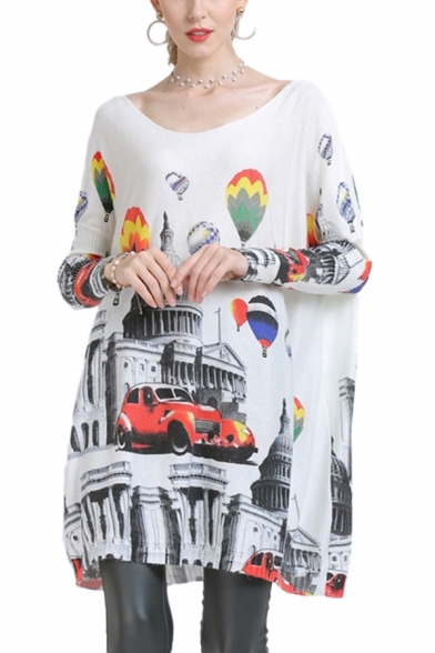 Trendy Womens Balloon Castle Car Printed Boat Neck Batwing Long Sleeve Relaxed Fit Tunic Pullover Knitwear Top