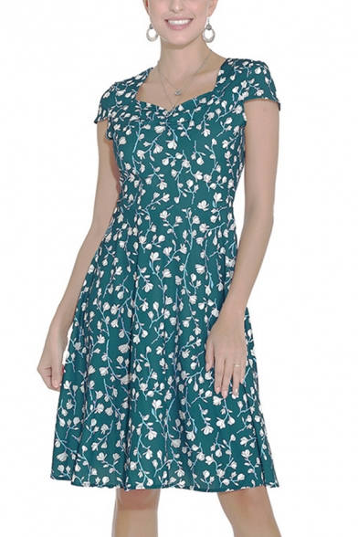 Unique Ditsy Floral Print Pleated Sweetheart Neck Cap Sleeve Midi Swing Dress for Womens