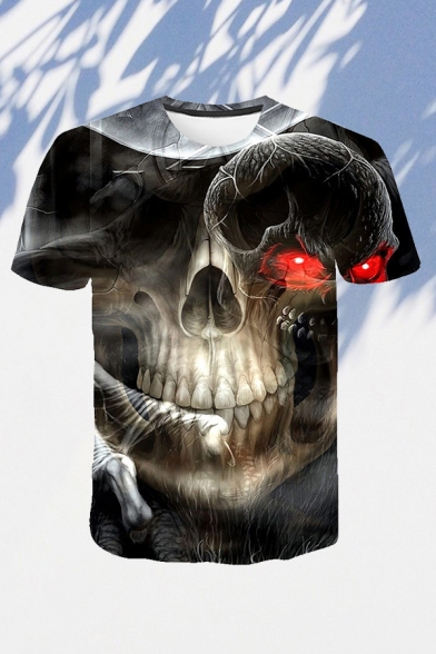 Unique Men's T-Shirt Fire Skull 3D Printed Short Sleeve Crew Neck Regular Fit T-Shirt