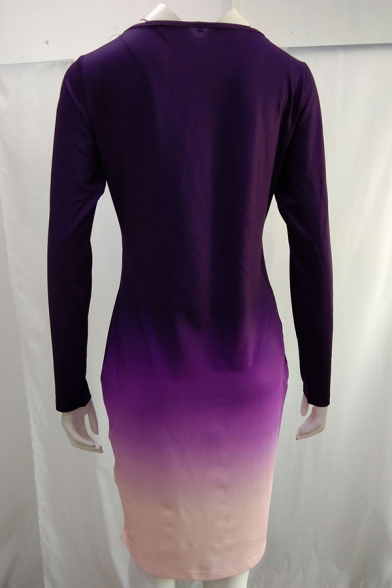 Unique Ombre Gathered Waist Off the Shoulder Long Sleeve Midi Bodycon Dress for Women