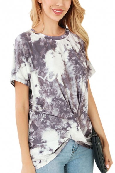 Unique Womens Tie Dye Printed Pleated Twist Short Sleeve Crew Neck Relaxed Fit T-Shirt