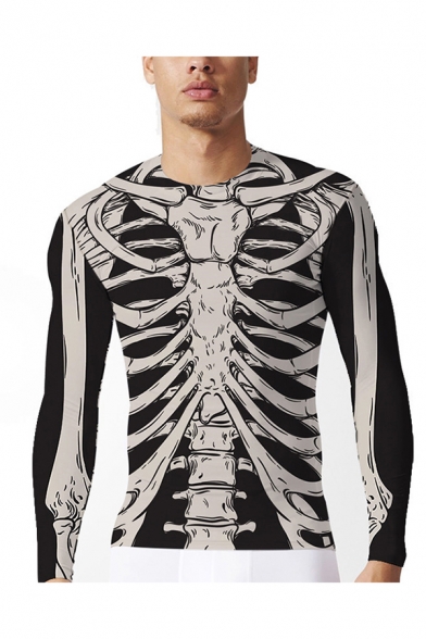Vintage Mens 3D Tee Top Human Skeleton Pattern Long Sleeve Round Neck Slim Fitted Tee Top
