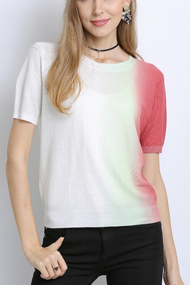 White Popular Ombre Round Neck Short Sleeve Regular Fit Pullover Knitwear Top for Women