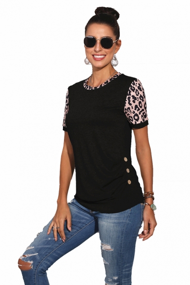 Womens Cool Summer Leopard Print Patchwork Contrast Trim Crew Neck Regular Fit T-Shirt