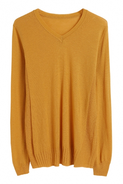 Yellow Casual Plain V Neck Long Sleeve  Relaxed Fit Pullover Knitwear Top for Women
