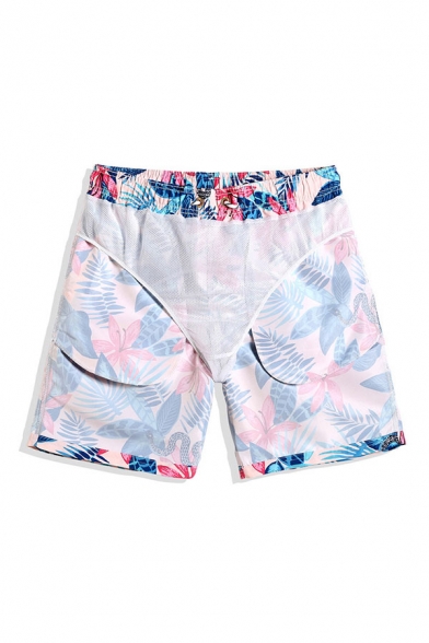 All Over Flwoer Patterned Drawstring Waist Straight Fancy Shorts in Blue