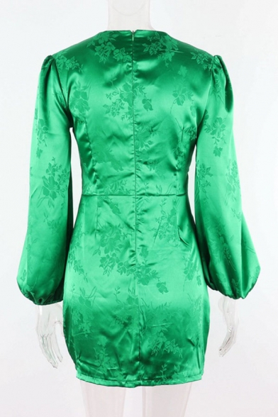 Amazing Jacquard Blouson Sleeve Deep V-neck Button Up Short Sheath Dress in Green