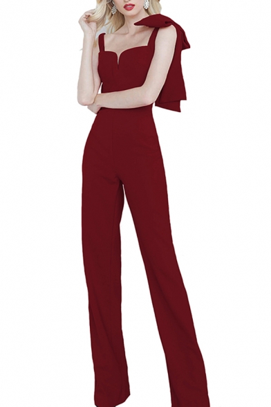 Basic Womens Jumpsuits Solid Color Bow Decoration Notch Neck Regular Fitted Sleeveless Wide Leg Jumpsuits