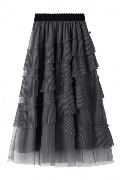 Basic Womens Skirt Tulle Asymmetric Panel Pleated Hem High Elastic Waist Midi A-Line Layered Skirt