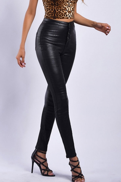 Black Novelty Womens Pants Snakeskin Pattern PU Leather Button Fly Slim Fit 7/8 Length Tapered Pants