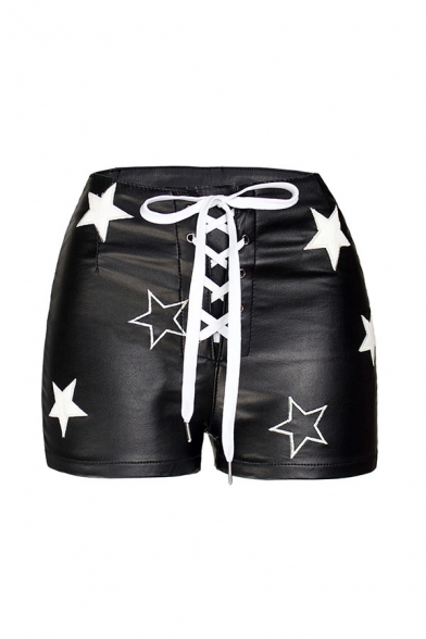 Black Vintage Womens Shorts Star Pattern Lace-up Front PU Leather Stretch Slim Fitted Mid Waist Relaxed Shorts
