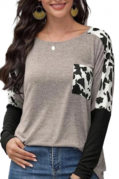 Casual Womens Cow Printed Color Block Chest Pocket Boat Neck Long Sleeve Oversize T-shirt