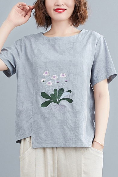 Casual Womens Flower Embroidered Short Sleeve Crew Neck Linen and Cotton Asymmetric Relaxed T Shirt