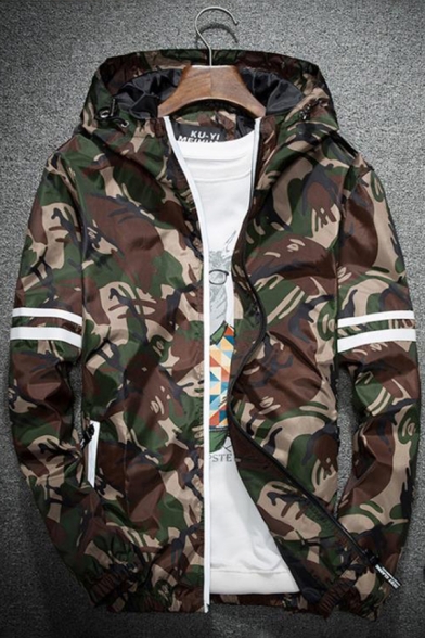 Chic Color Block Camouflage Print Long Sleeve Zipper Hooded Windproof Jacket