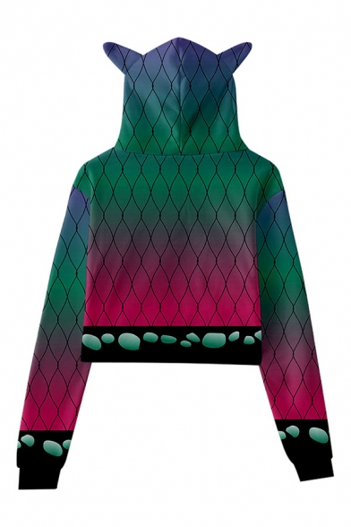 Chic Girls Geometric Print Colorblock Long Sleeve Drawstring Relaxed Crop Hoodie