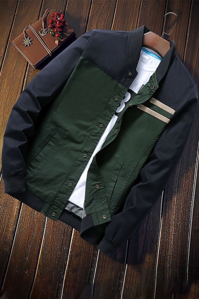 Chic Mens Jacket Colorblock Patch Button Detail Stand Collar Regular Fit Long Sleeve Varsity Jacket