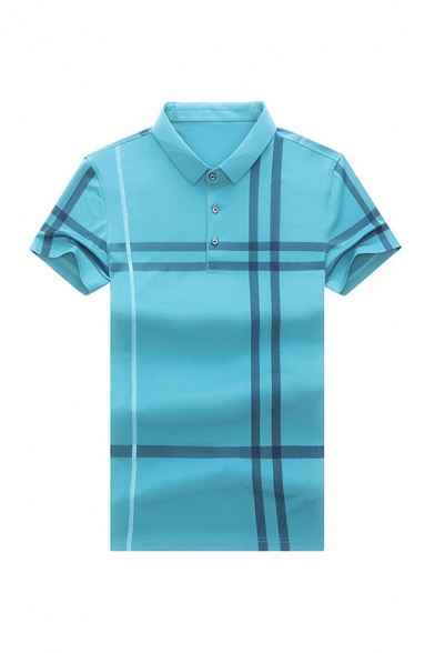 Classic Mens Polo Shirt Plaid Pattern Turn-down Collar Button Detail Short Sleeve Regular Fit Polo Shirt