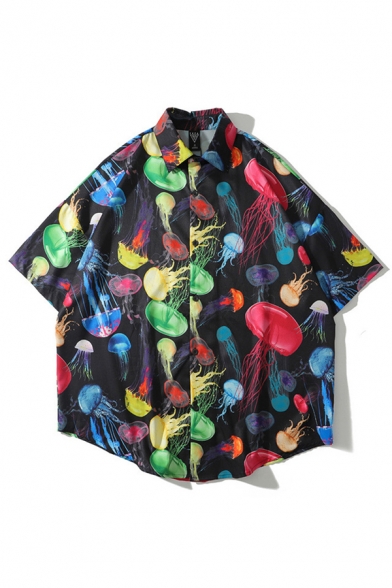 Classic Mens Shirt Multicolored Jellyfish Pattern Turn-down Collar Button-down Relaxed Fit Half Sleeve Shirt