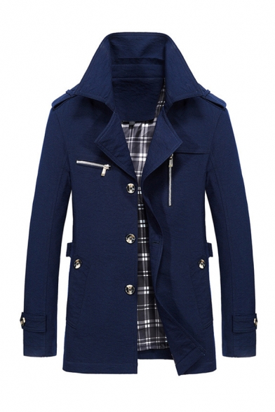 Classic Mens Trench Coat Plaid Lined Zipper Embellished Button Fly Notched Lapel Collar Long Sleeve Slim Fitted Hooded Trench Coat